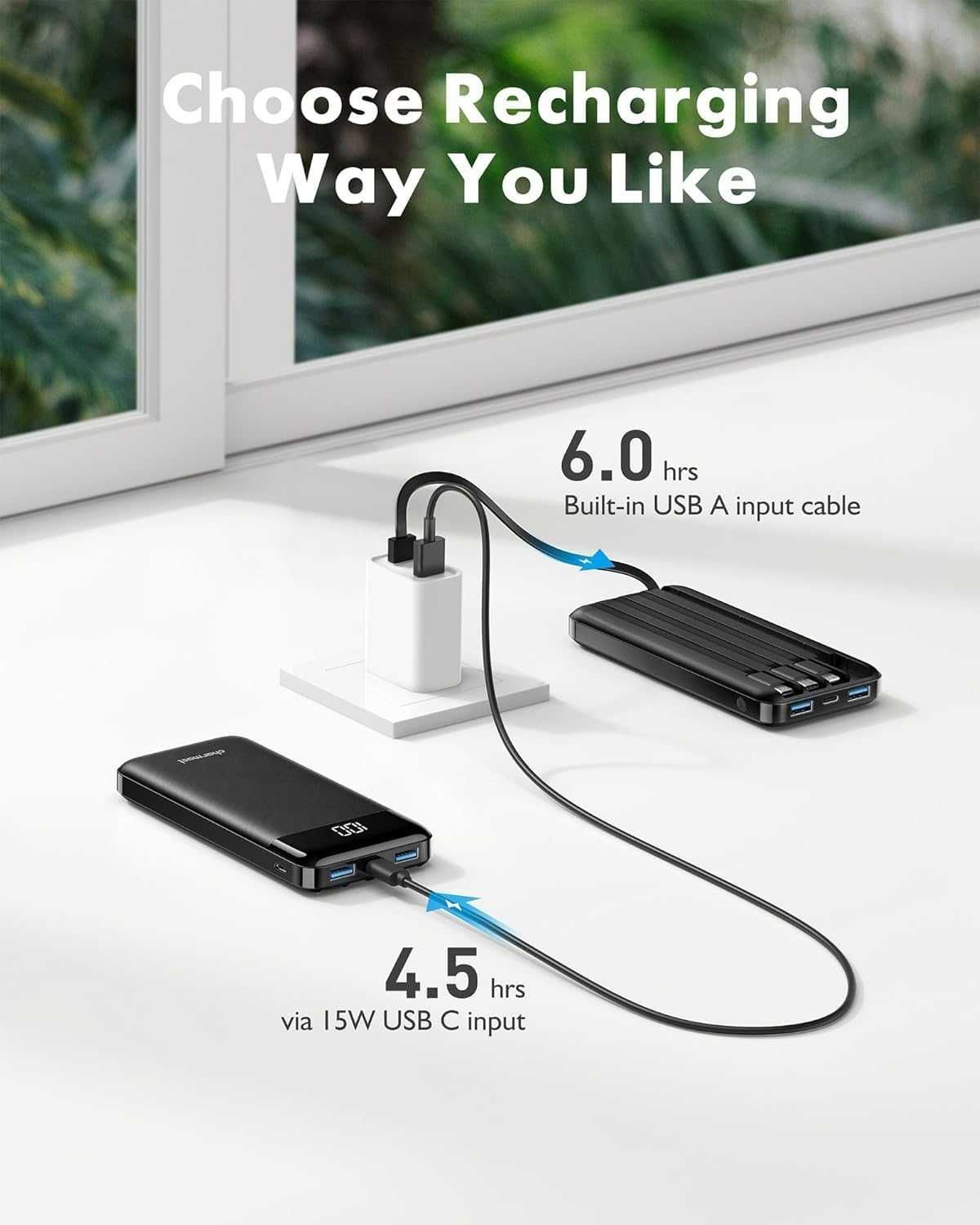 Charmast Power Bank с вградени кабели 2 броя, 10000mAh USB C батерия