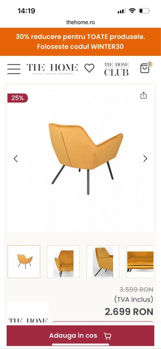 Fotoliu lounge galben din catifea Bon The Home Collection