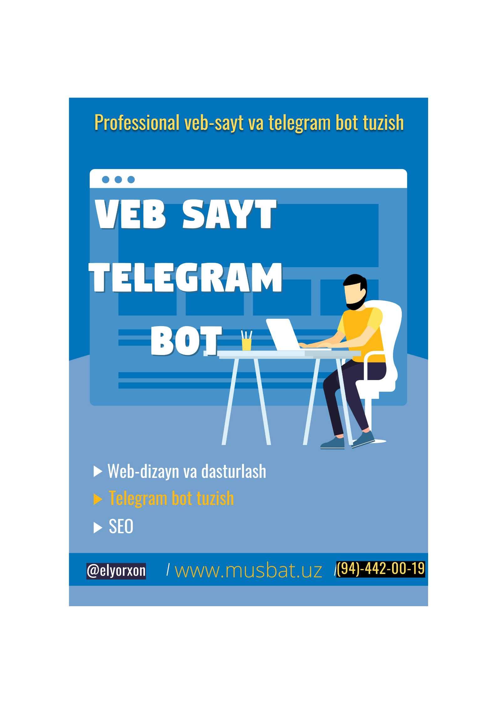 Профессионал веб-сайт, телеграм бот тузиш Web-sayt, telegram bot.