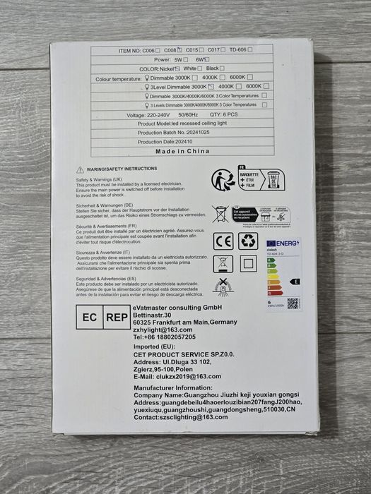 Set 6 Spoturi LED încastrate 230V, dimmabile, 3 trepte, 6W, IP44