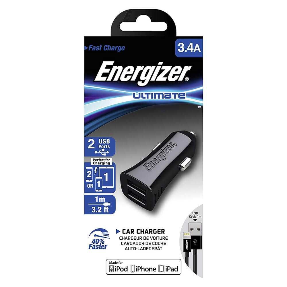 Energizer Dual USB Car Charger3.4A MFI Lightning Cable зарядно за кола