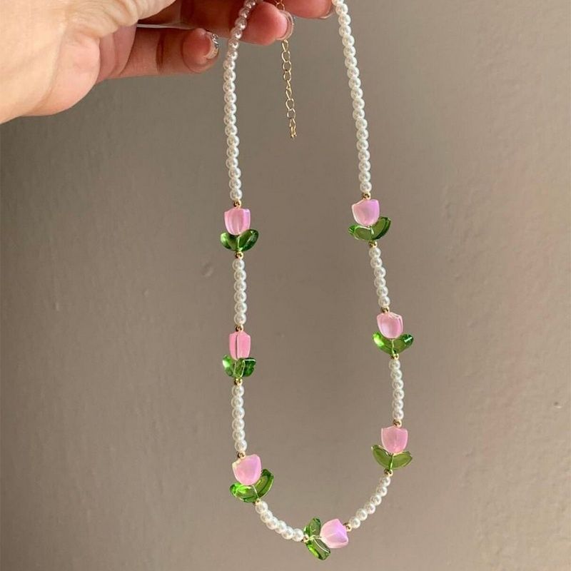 Colier lalele roz perle choker margele tip Pandora Swarovski dupe