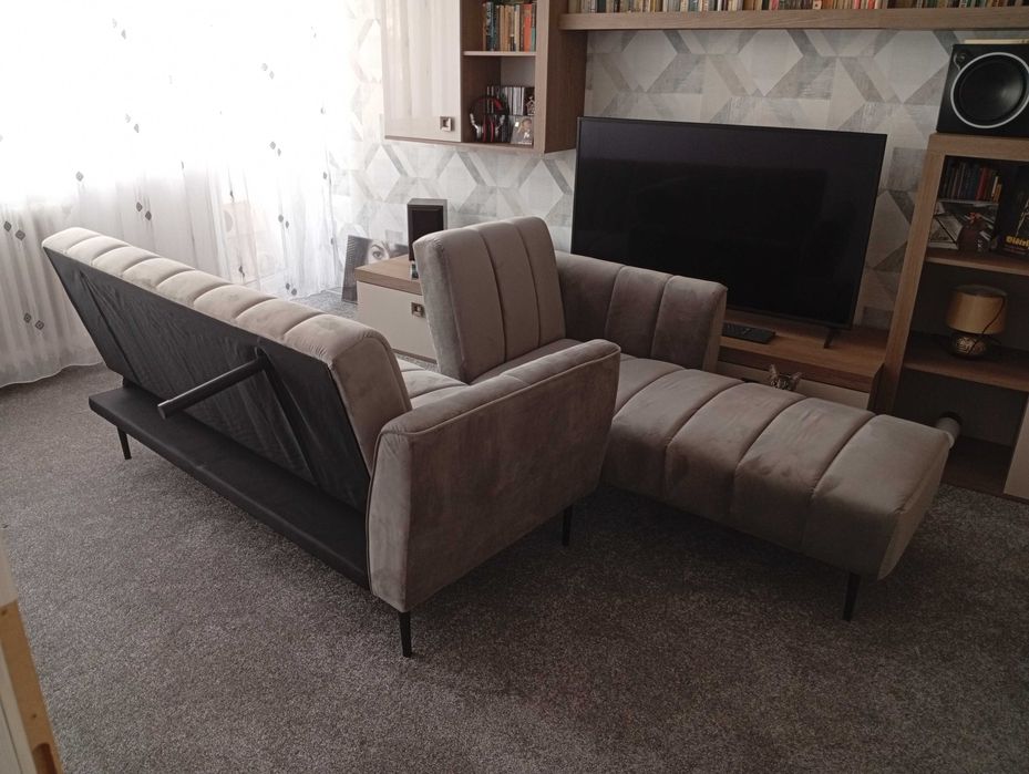 Canapea extensibilă - colțar gri (living, dormitor, cameră, pat, etc.)