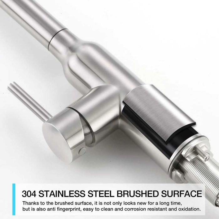 Baterie de bucătărie cu arc înalt CREA cu 3 tipuri de jeturi de apă.