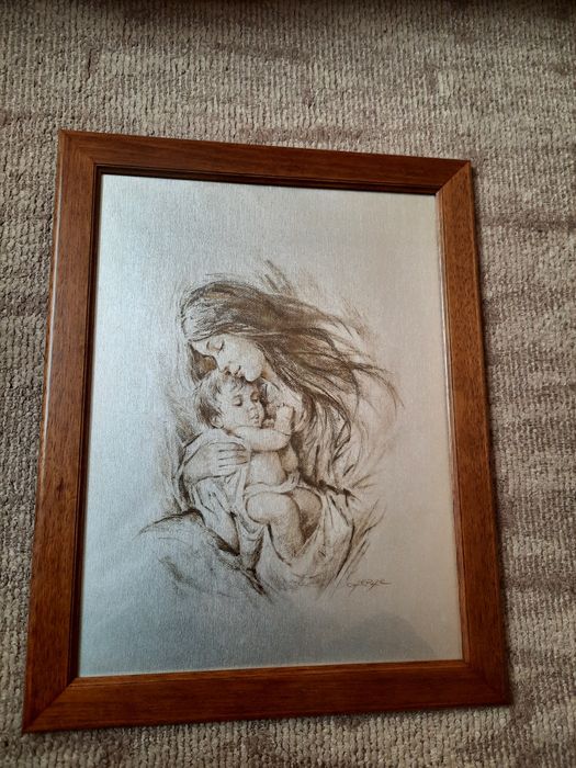 Litografie tânără cu copil în brate (posibil Fecioara Maria)