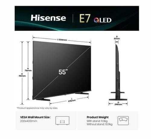 Нов смарт телевизор Hisense 55" E7Q, 4K Ultra HD 3840x2160, QLED