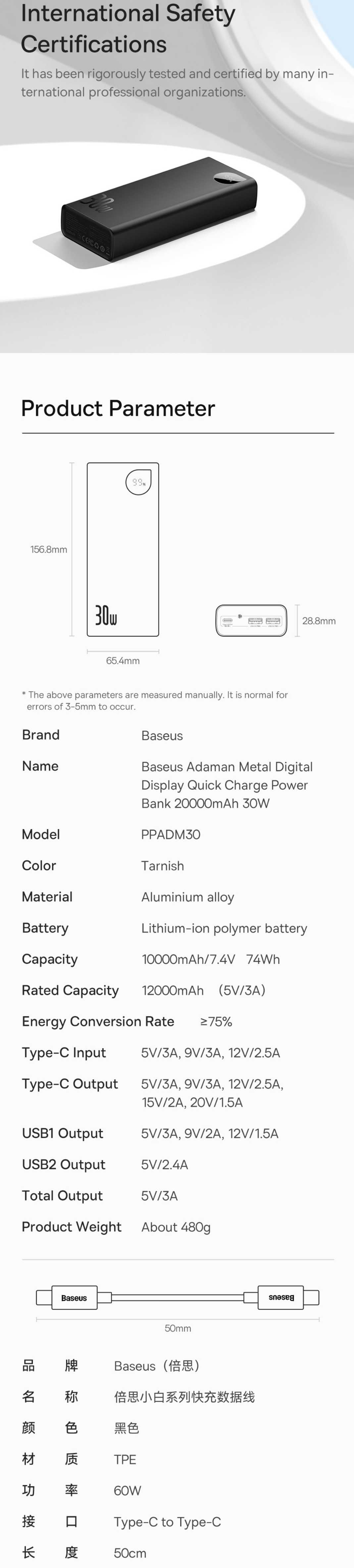 Baseus Adaman 30W Power Bank 20000mAh For iPhone/iPad/MacBook