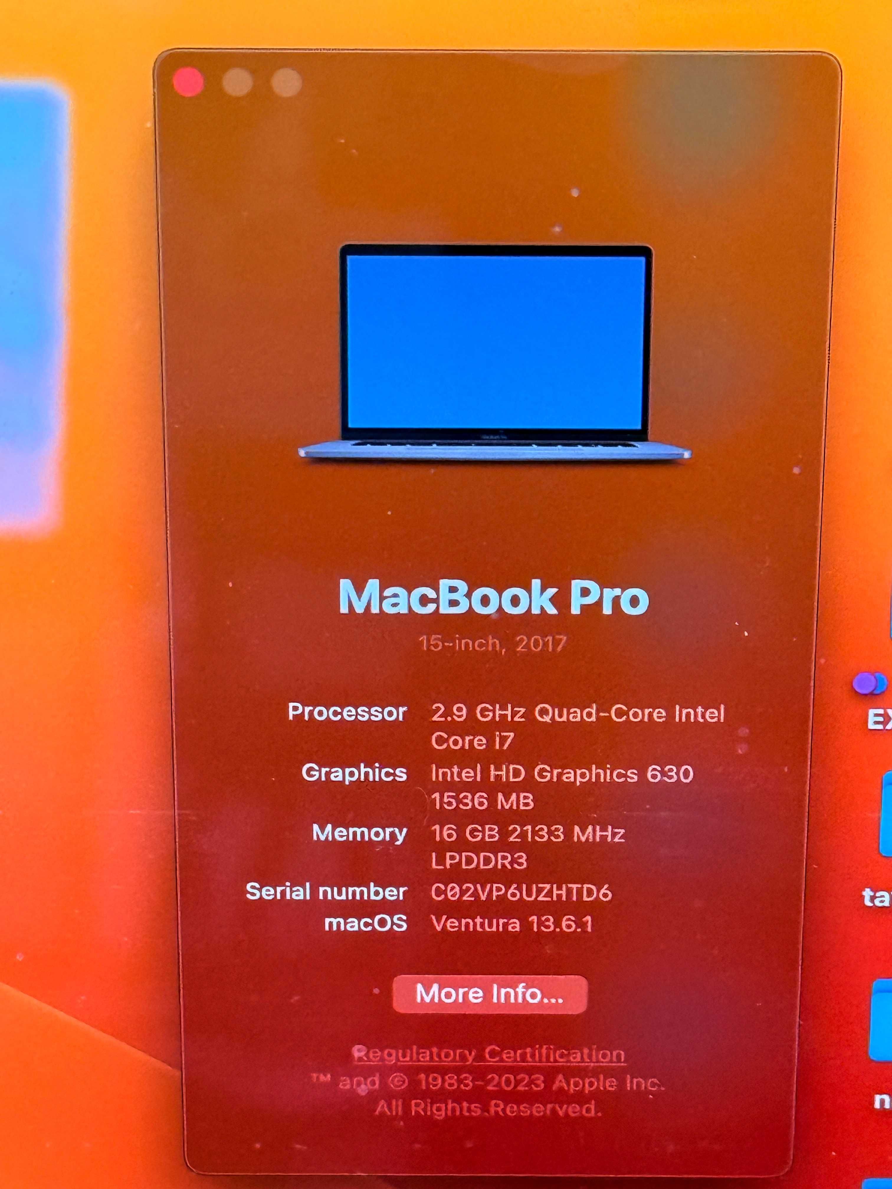 15" MacBook Pro 2017 2.9 i7 16GB RAM 512GB SSD