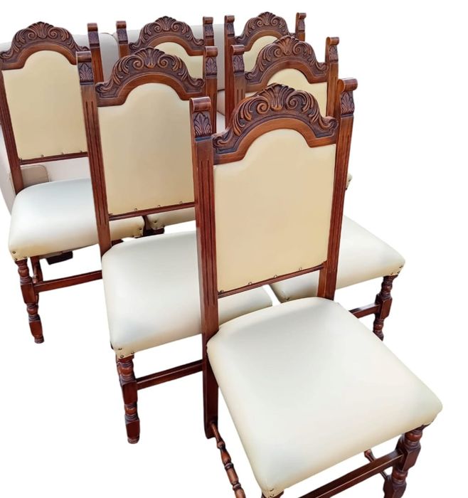 MASA + 6 SCAUNE din Lemn Masiv Nuc Sculptat Manual