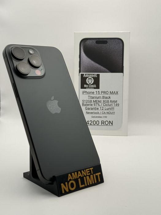 iPhone 15 Pro Max 512GB Titanium Black CA NOU Garantie 12 Luni