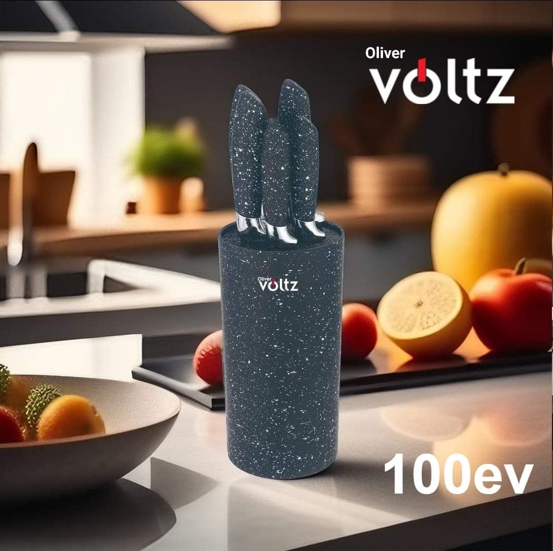 Комплект ножове Voltz ; 5броя, Мраморно покритие, с поставка, Черен мр