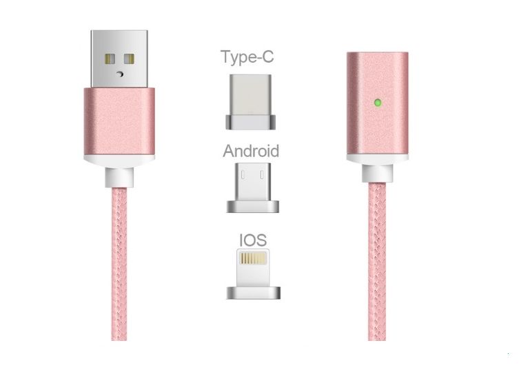 Магнитен кабел за телефон 1 метър. Накрайници micro USB TypeC iOS.