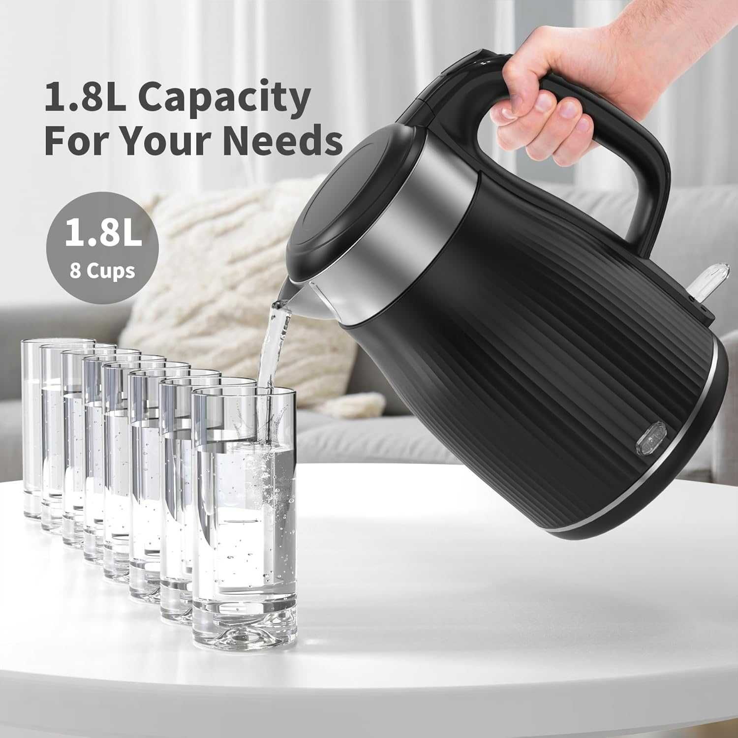 OMISOON Електрическа кана от неръждаема стомана 1,8 л,1500-1800W,черна