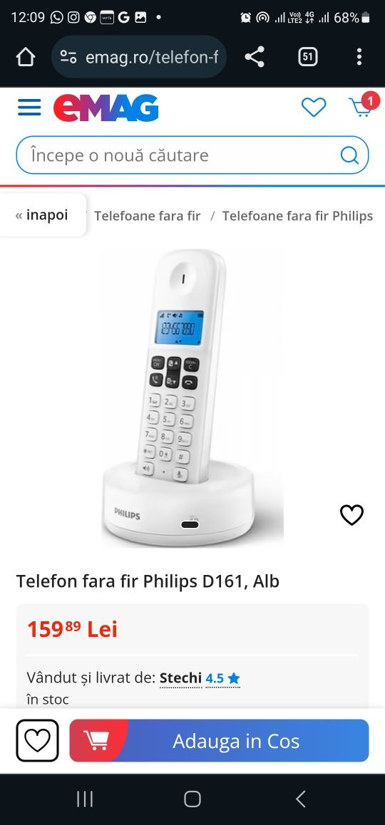 Telefon fara fir Philips D161, Alb (nou)