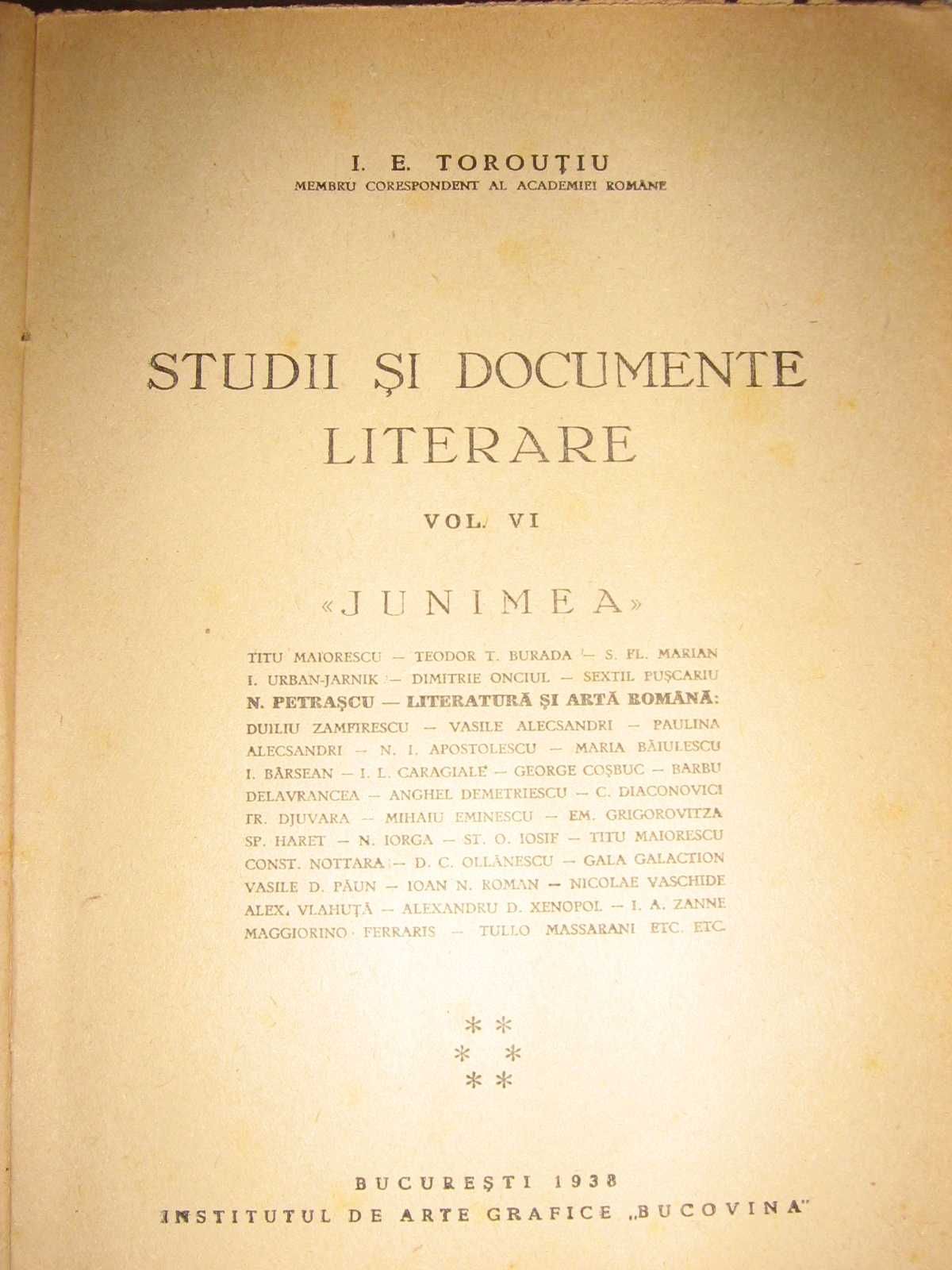 «Junimea», I. E. Torouţiu, Studii şi documente literare, vol.VI