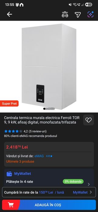 Centrala termica murala electrica Ferroli TOR 9, 9 kW, afisaj digital,