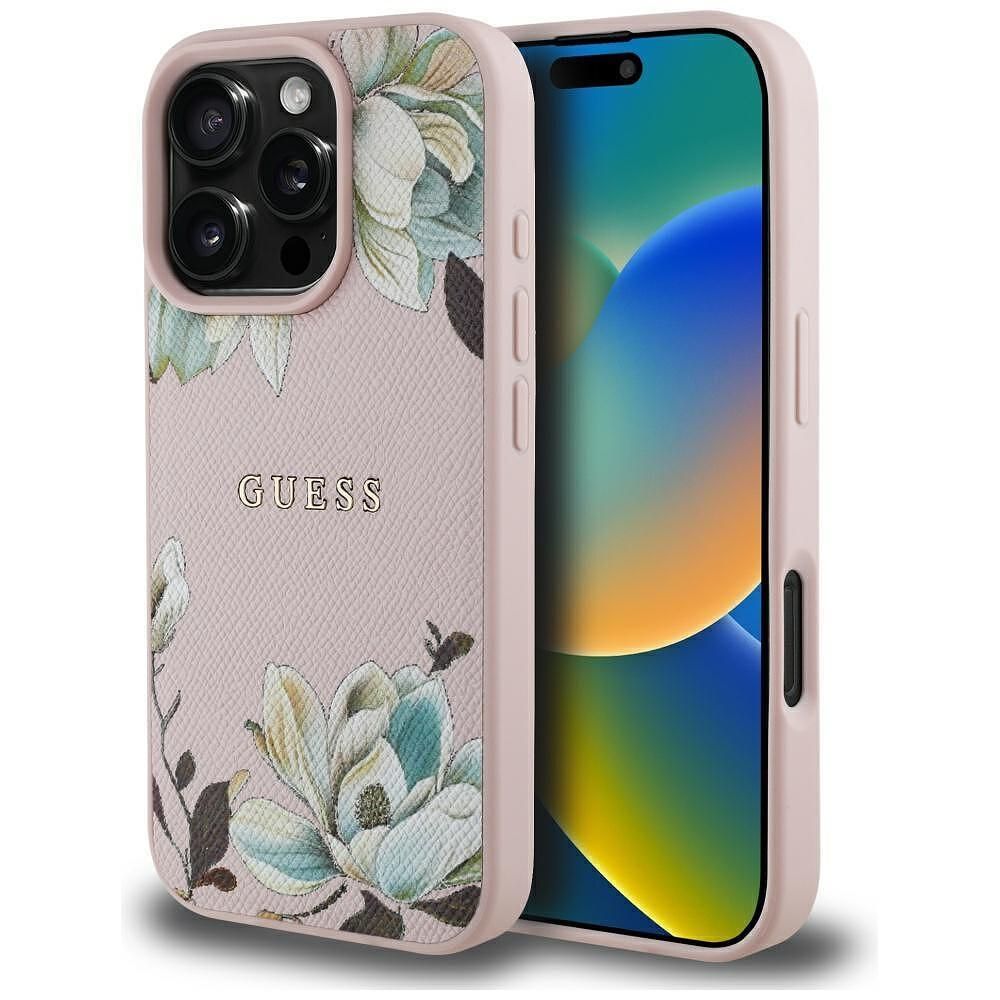 Guess grained flowers magsafe калъф за iphone 16 pro max – pink