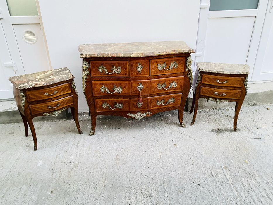 Comoda Noptiere Vintage Bronz Lemn Masiv Marmura Intarsie Antic