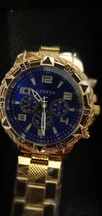 Мъжки луксозен часовник Geneva • Златен корпус • Син циферблат