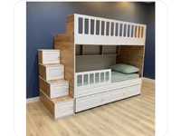 Двуетажно детско легло със странични стълби Бял/Дърво "