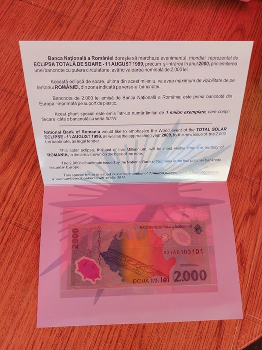 Bancnotă cu eclipsa totala de soare din 11.august din1999prin emiterea