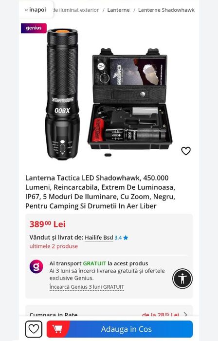 Lanterna Tactica LED Shadowhawk x800 450.000 Lumeni, Reincarcabila, Ex