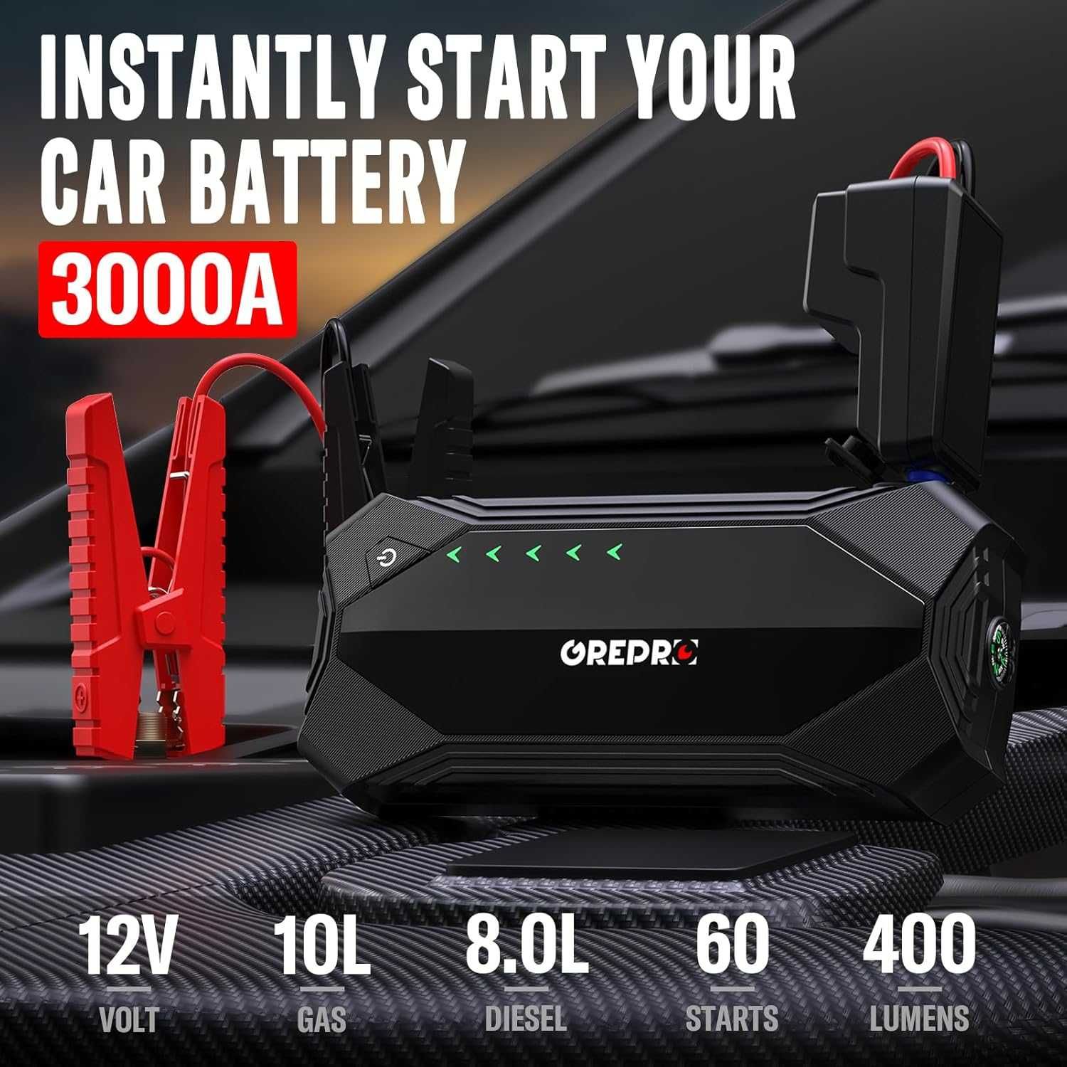 GREPRO 3000A бустер за подаване на ток Jump Starter/Power Bank /LED