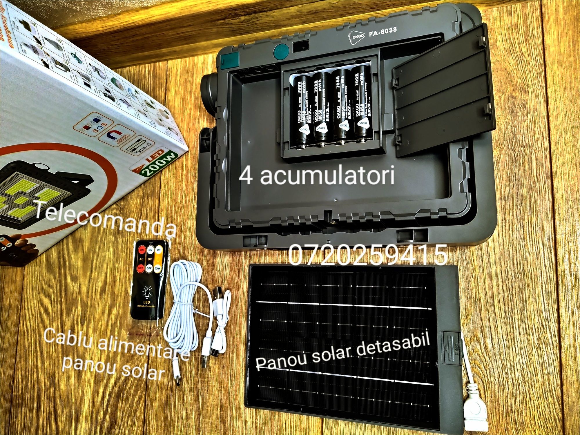 Proiector Solar 200W Portabil, Reîncărcabil, cu Telecomanda, Camping