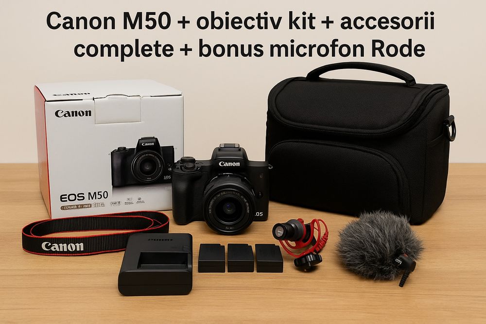 Canon M50 + obiectiv kit + accesorii complete + bonus microfon Rode