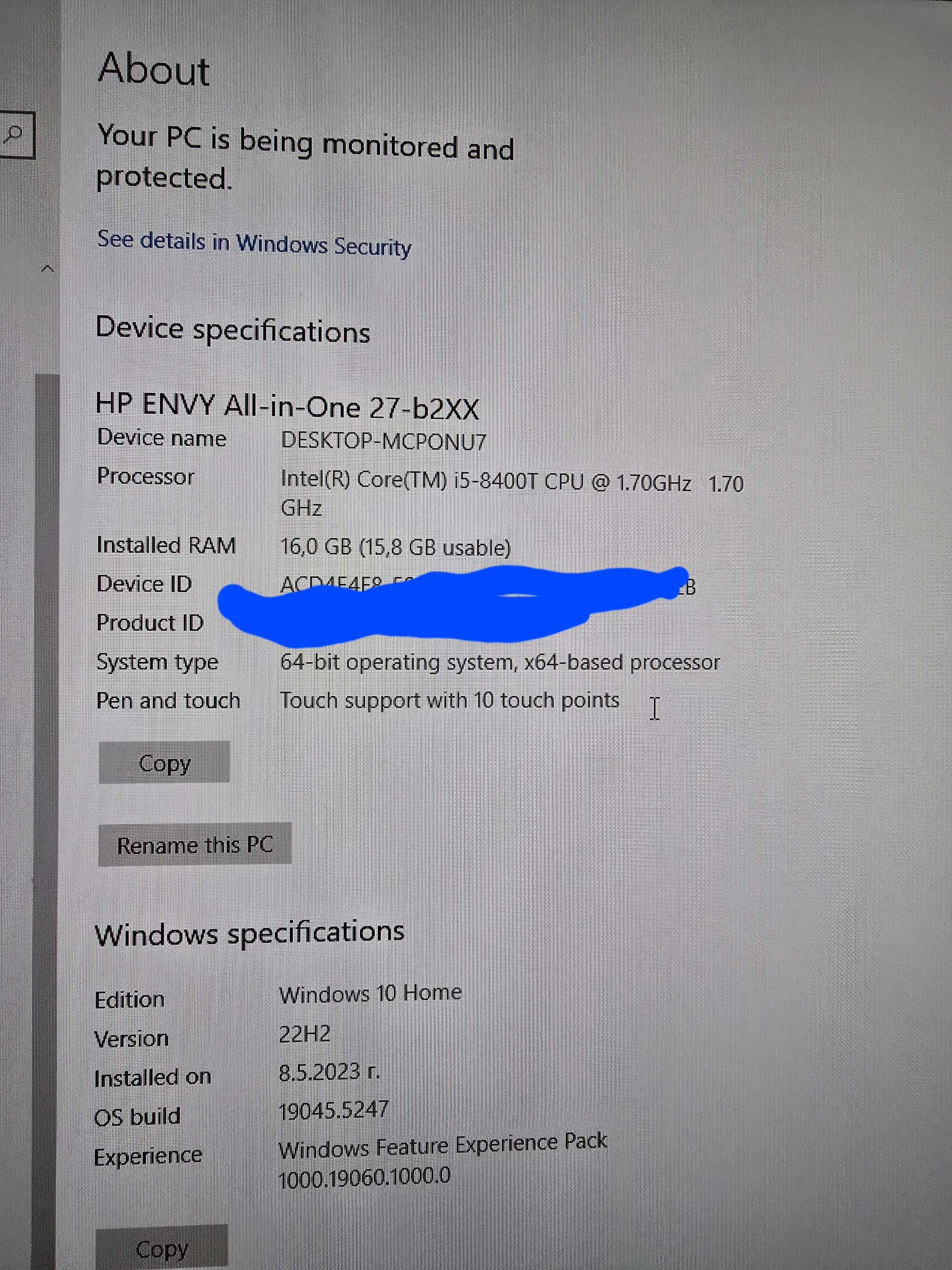 комптър HP Envy 27, i5-8400T, 16GB DDR4, 512gb nvme + 1 TB HDD