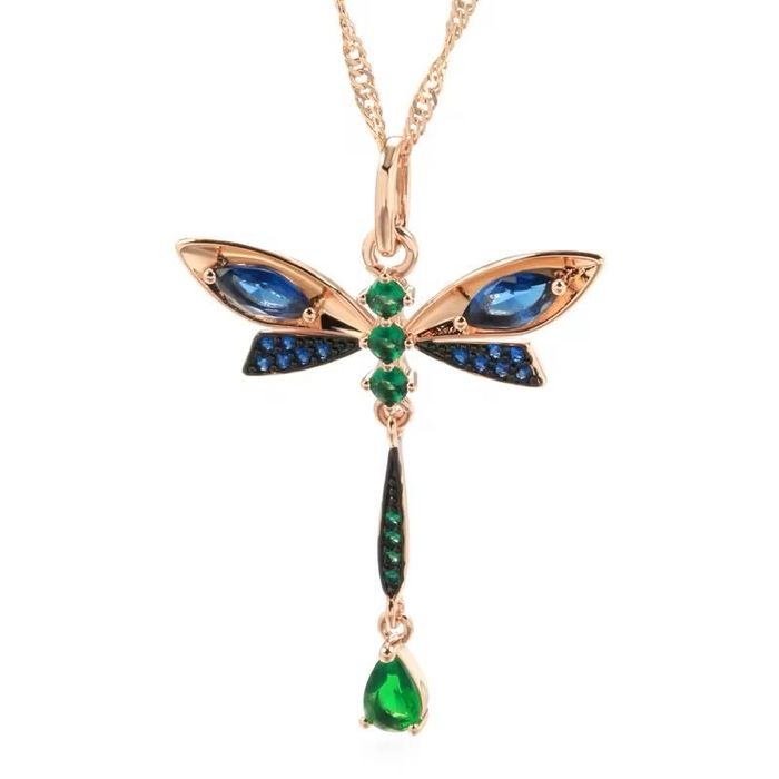 Colier si Pandantiv Luxury Dragonfly, placate cu aur roz de 14k