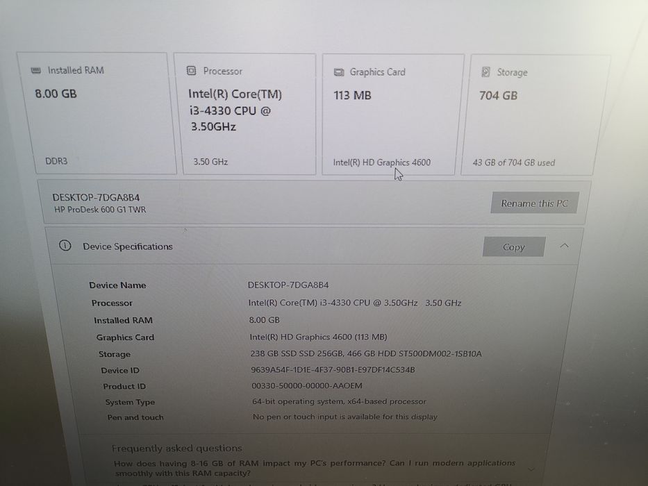 HP ProDesk 600 G1 Tower – i3 3.5GHz / 8GB RAM / SSD 256GB + HDD 500GB