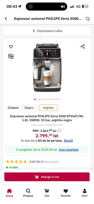Espressor Automat Philips 5500 LatteGo – Alb Crom – Nou și Sigilat