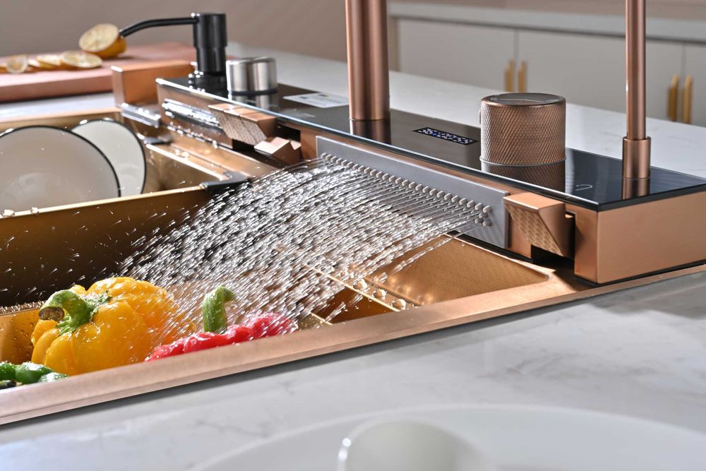 Розово злато - Мултифункционална кухненска мивка с двоен водопад