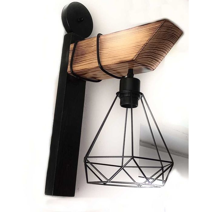 Aplica de perete din lemn de pin si metal, handmade, rustic–industrial