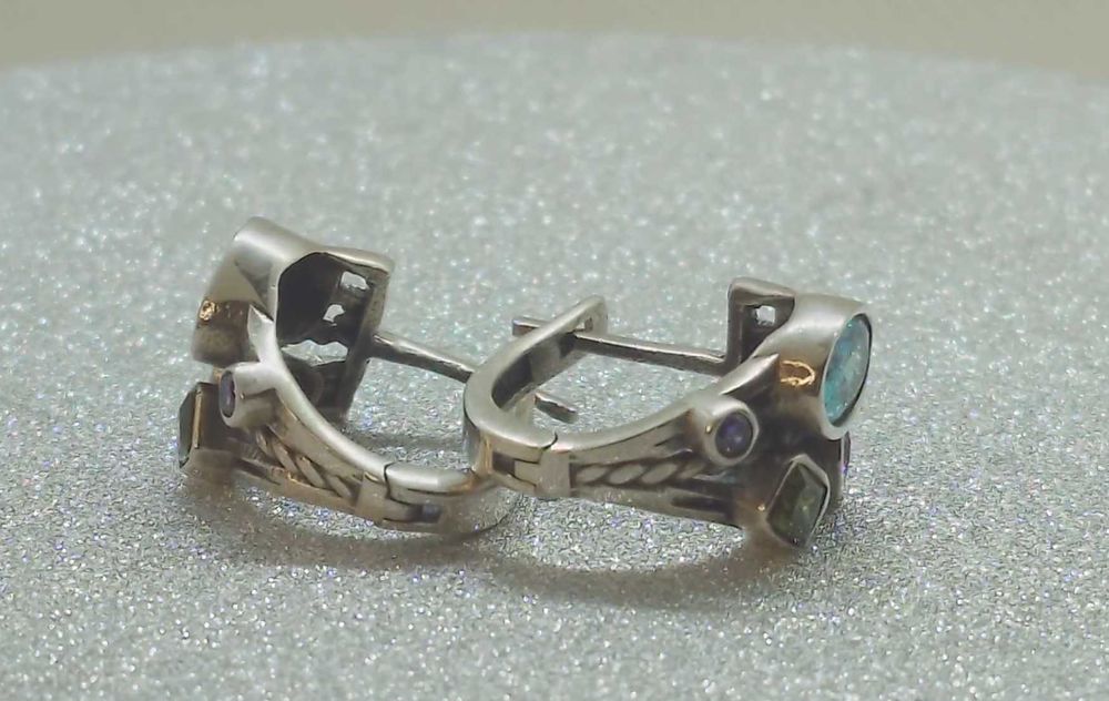 Cercei din argint 925 cu acvamarin, rubin, peridot și iolit