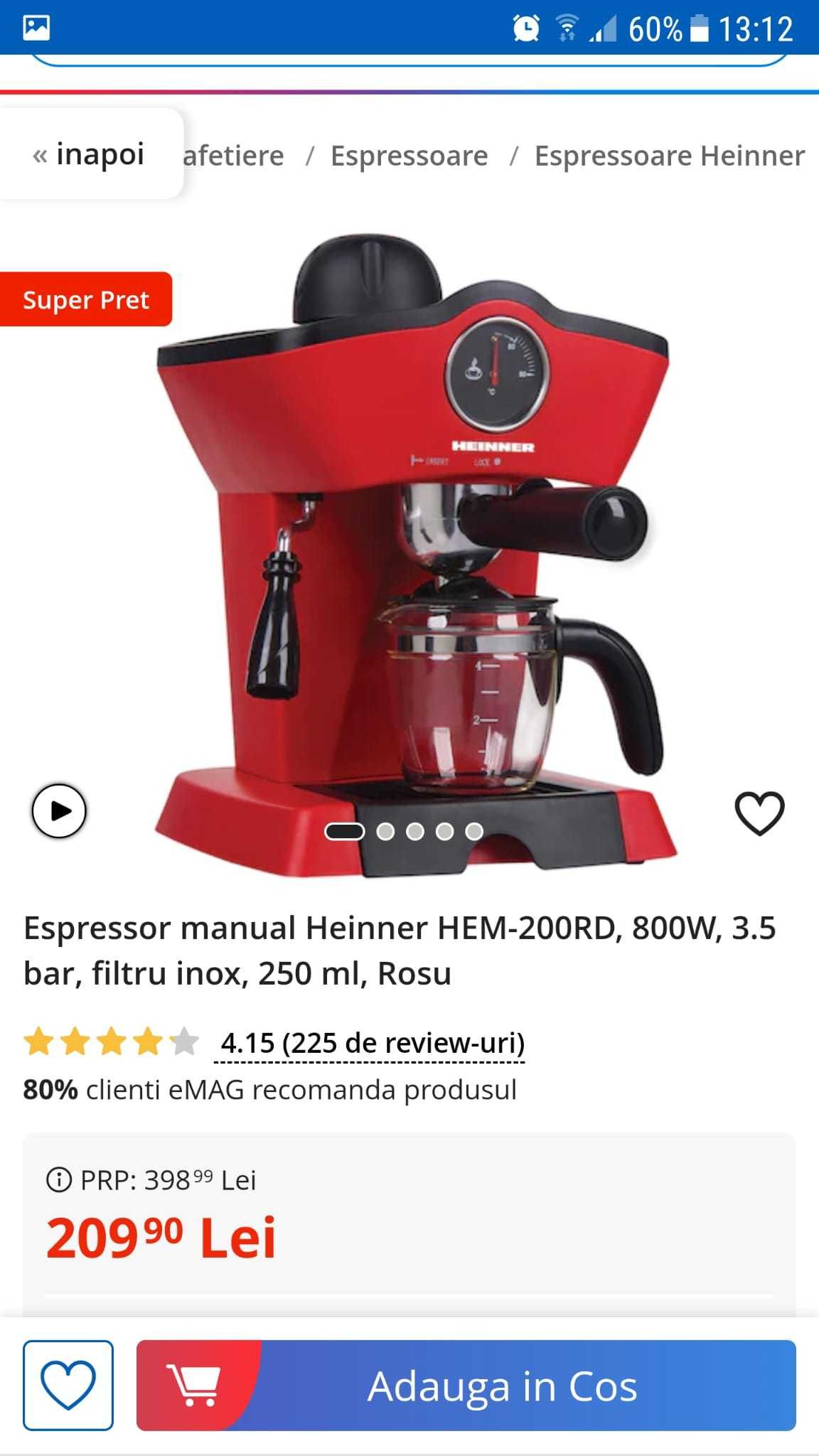 Espressor manual Heinner HEM-200RD, 800W, 3.5 bar, filtru inox, 250 ml