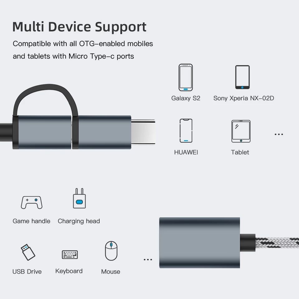 Cablu adaptor 2 in1 tip-C tata + Micro USB tata - USB mama