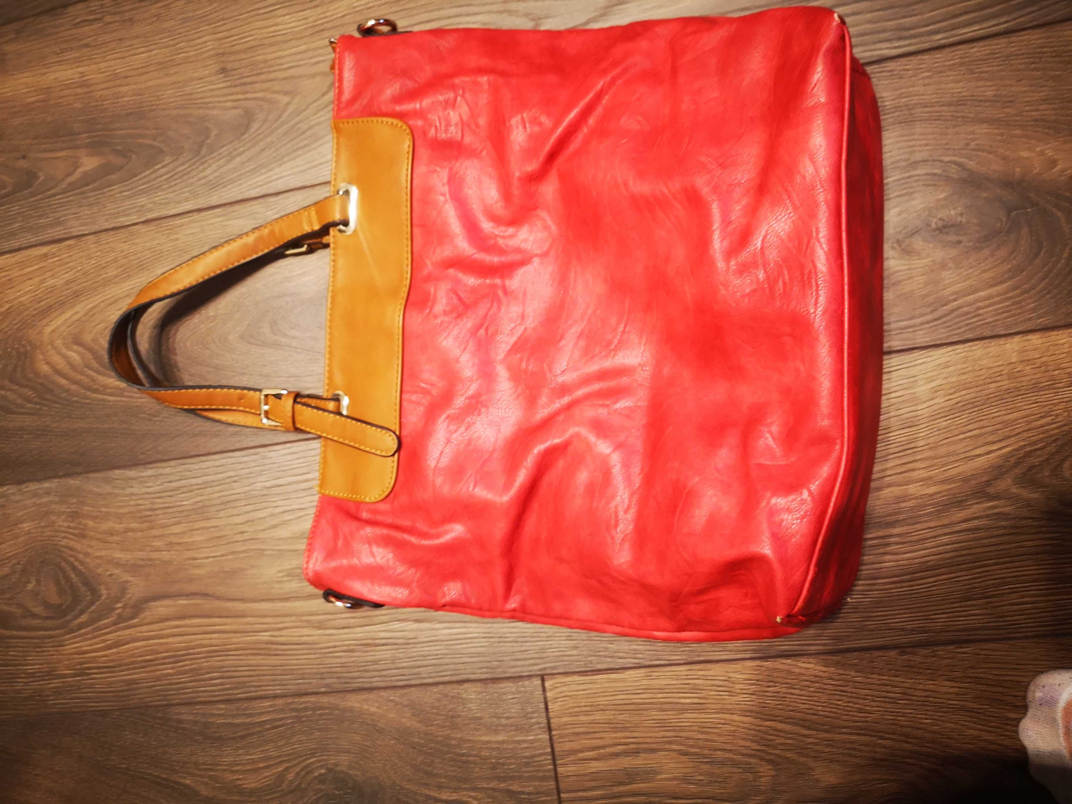 Дамска чанта в червено и кафяво
