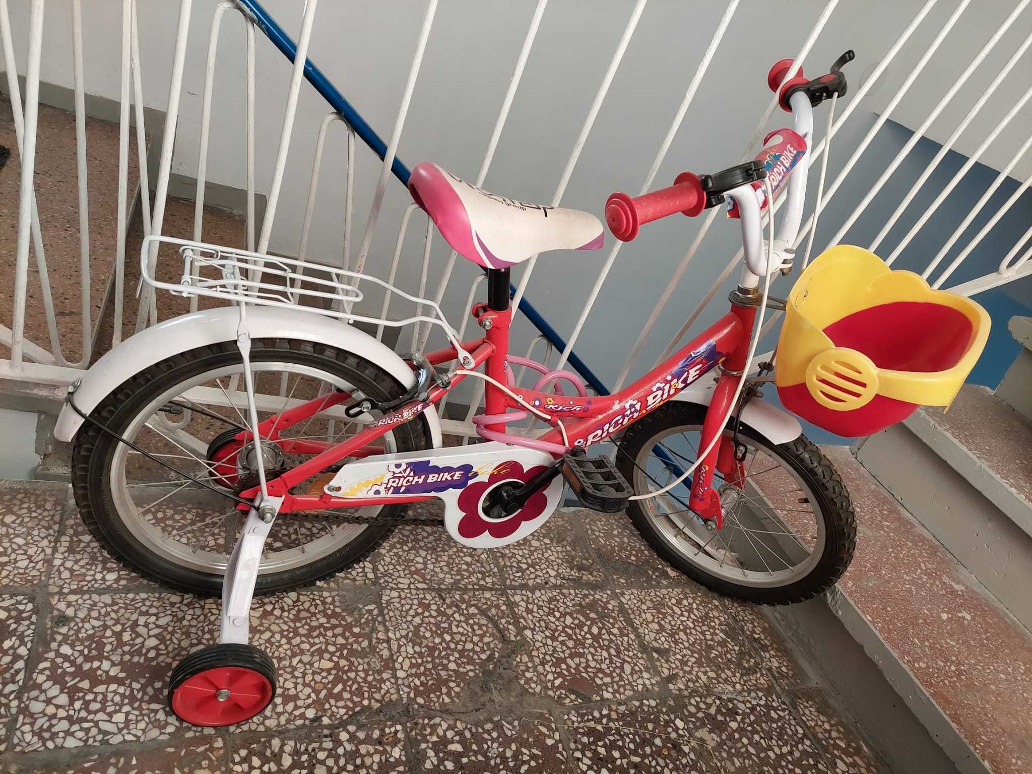 Bicicleta Rich Bike 16'' pentru copii, Rosu/Alb, cu roti ajutatoare