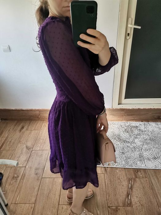 Rochie mov voal damă cu mânecă trei sfert 38 M