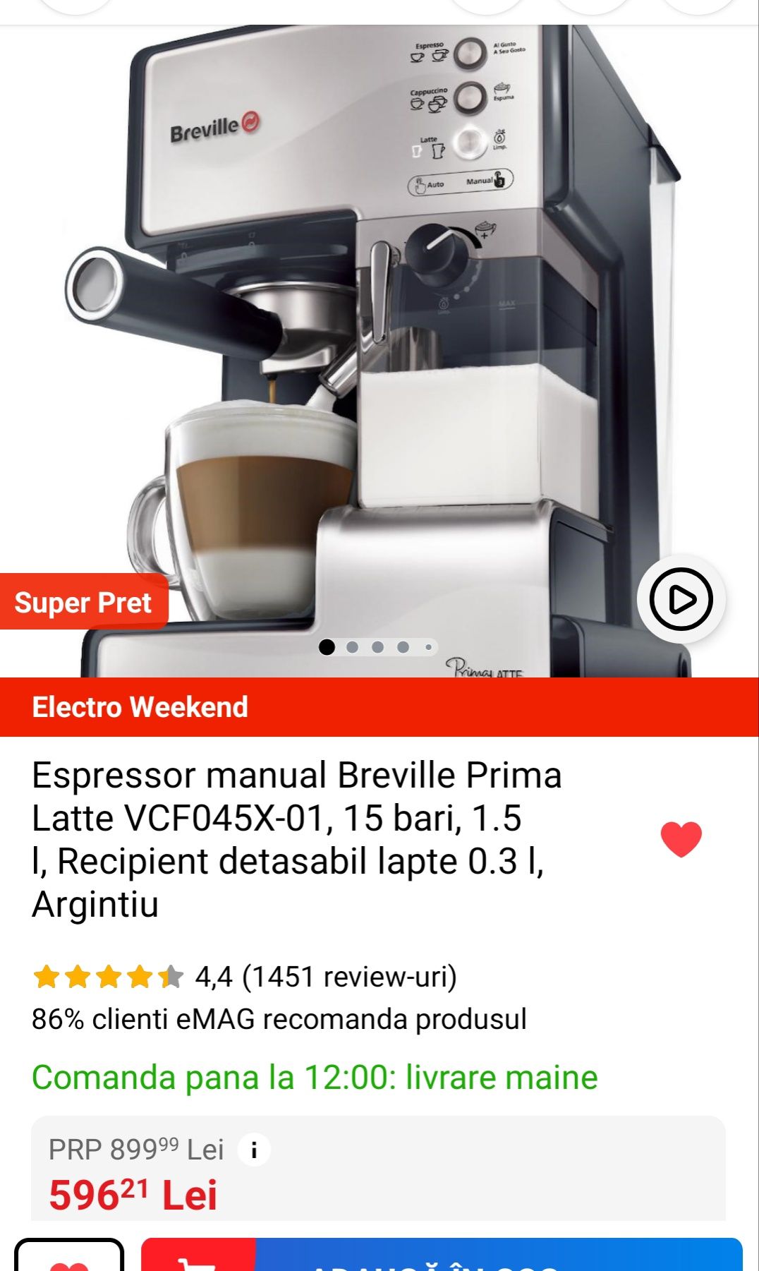 Espressor manual Breville Prima Latte VCF045X-01, 15 bari, 1.5 l, Reci