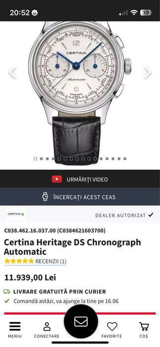 Ceas mecanic Certina DS Heritage 42mm Chrono Automatic