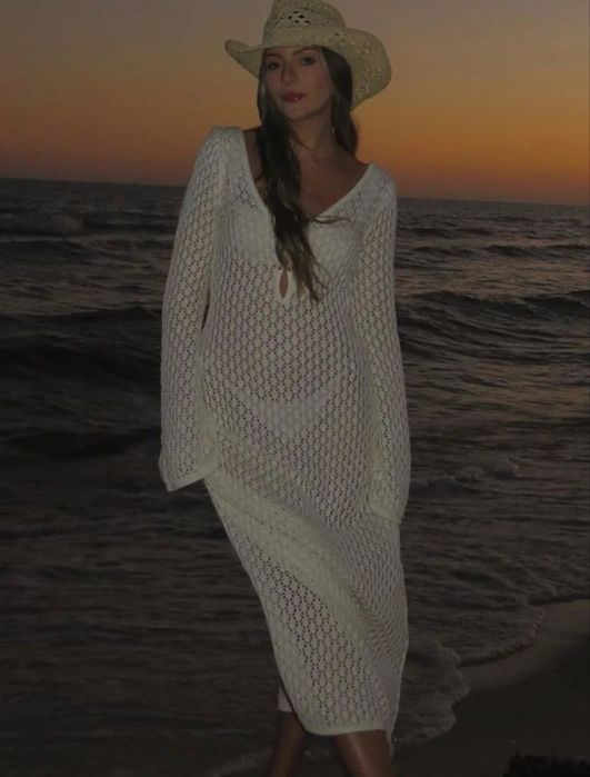 Rochie de Plaja Crosetata Alba Lunga