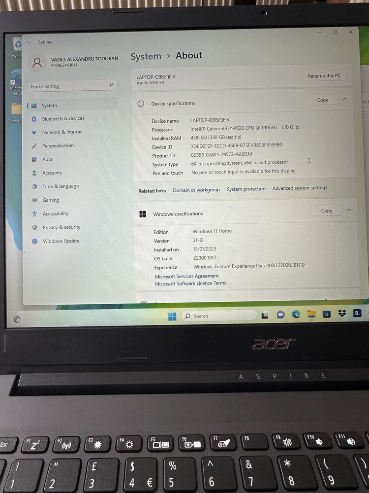 Laptop Acer Aspire 15.6 A315-34 Intel