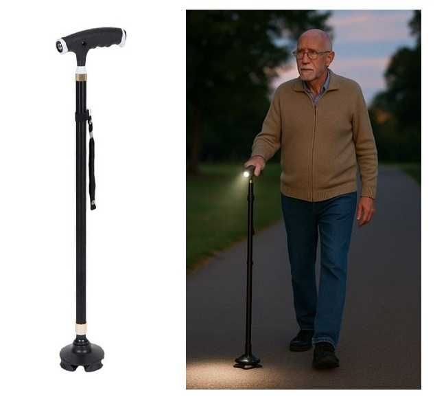 Бастун с фенерче, Сгъваем със светлина, алуминиев, 4 крачета