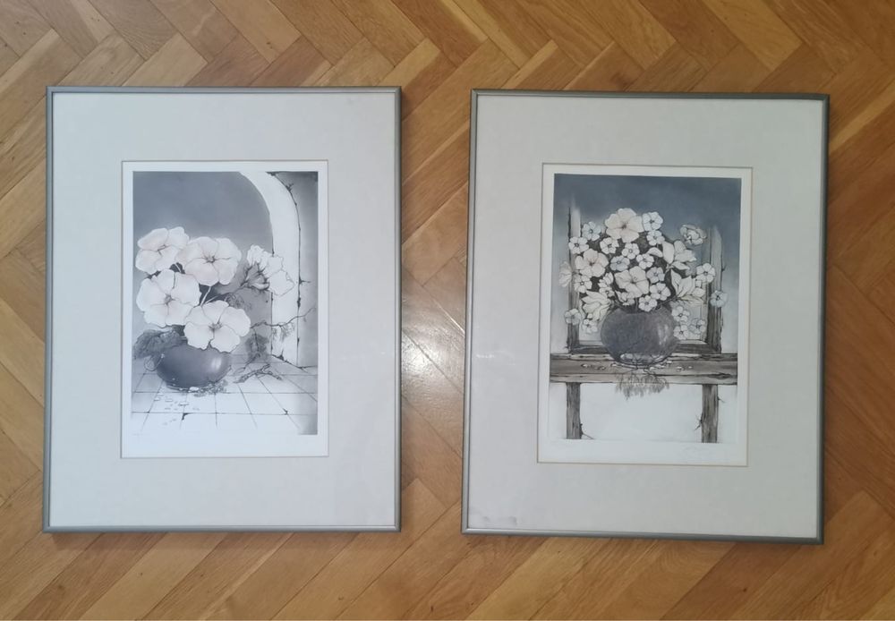 Антикварни картини цветни литографии авторски лимитирани в рамка  2 бр