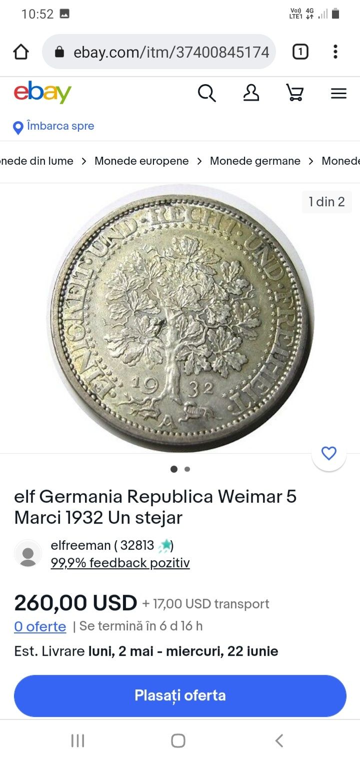 Vând / schimb moneda din argint 5 marci 1932