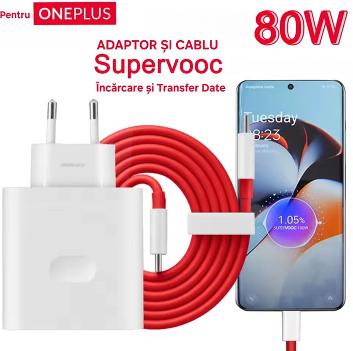 Încărcător+Cablu SuperVOOC 80W pt OnePlus, OPPO, Realme. Charge&Date.