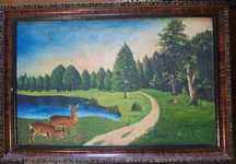 Tablou vechi in ulei pe panza, semnat, caprioare langa lac, 36x56 cm